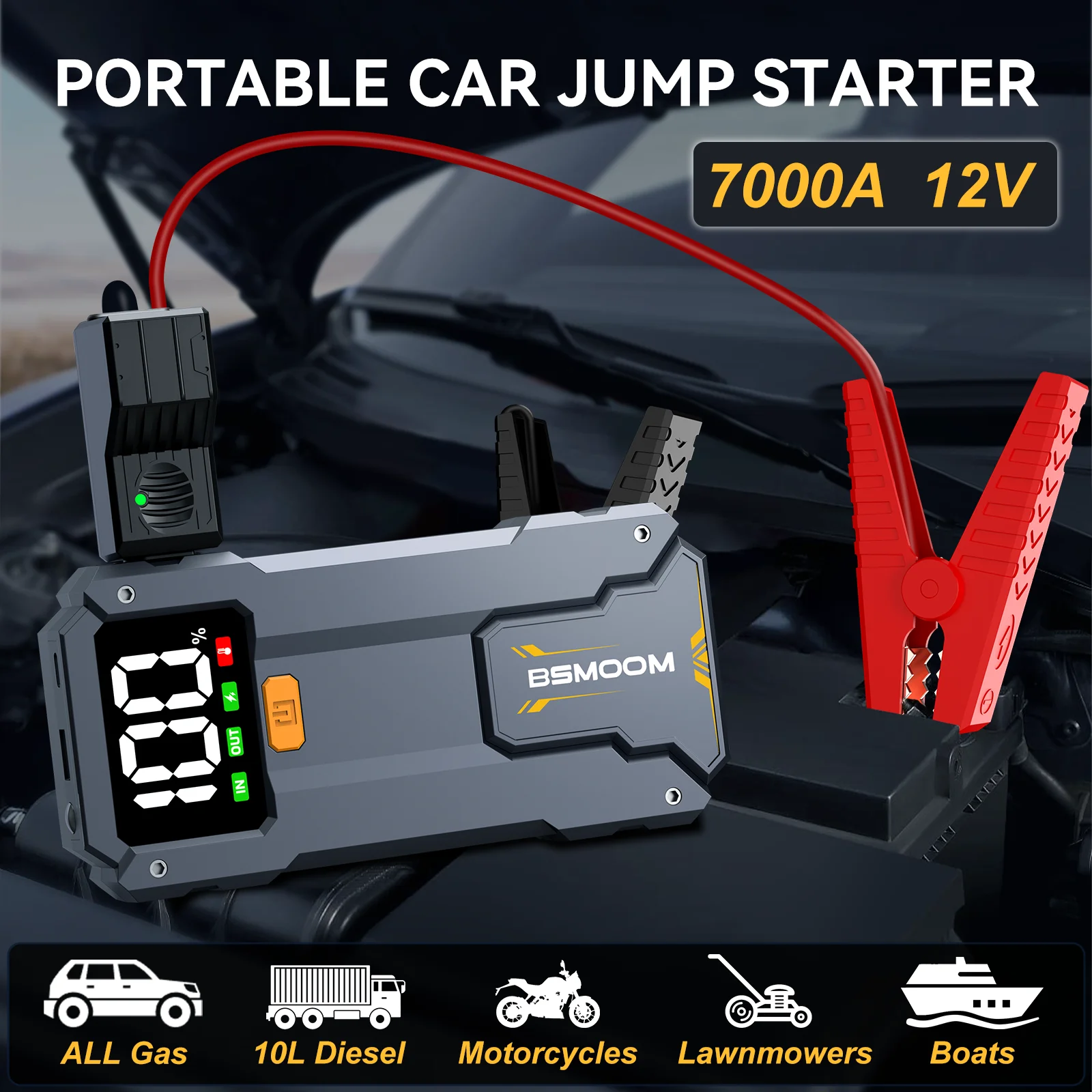 3-in-1 Car Jump Starter, 7000A Peak Lithium Starter Battery Pack, Safe 12V Portable Battery Starter Power Pack with LED Screen