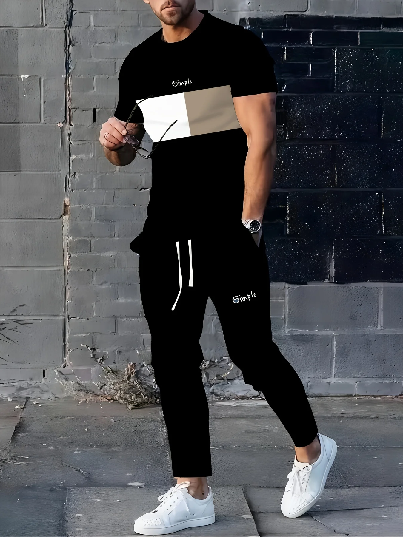 

Summer men's fashion striped print micro elastic breathable round neck T-shirt pants set outdoor casual urban clothing