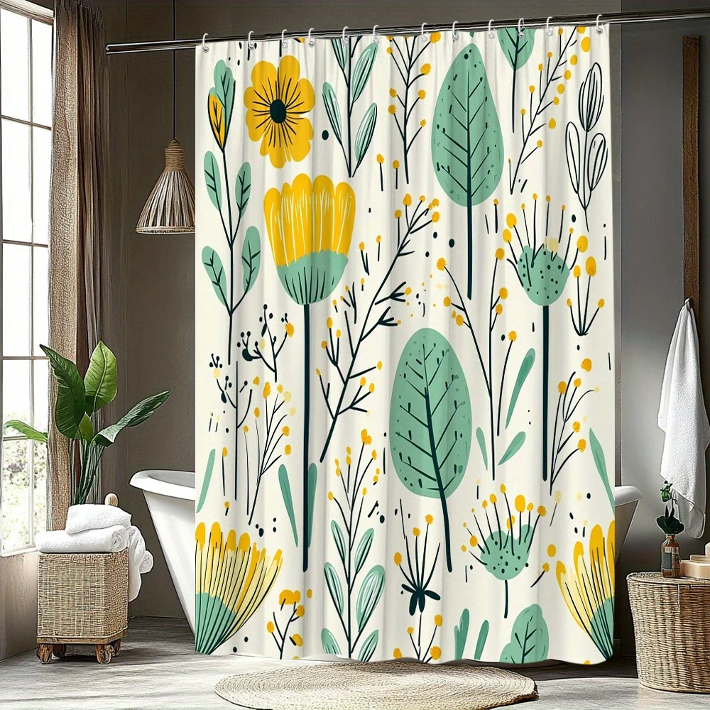 Floral Plant Pattern Shower Curtain Fresh And Natural Bathroom Decoration Polyester Fabric Contains