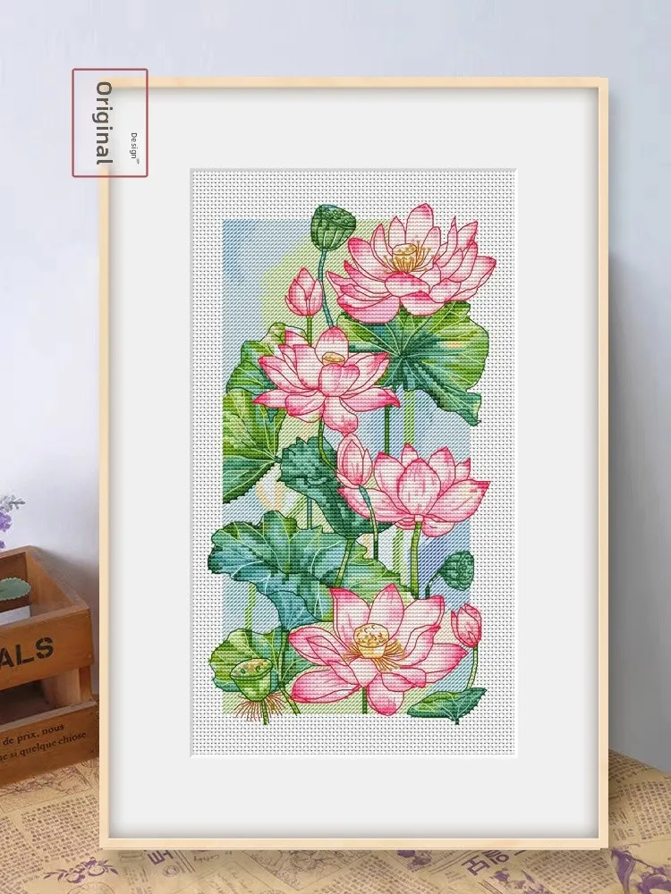 

Original 2025 New Handmade Cross Stitch Watercolor Lotus Flower Healing Series Cotton Fabric Living Room Decorative Embroider...