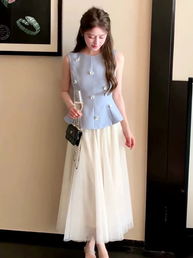

High Quality French 2 Piece Sets For Outfit Sweet Fashion 3D Flowers Sequin Vest Top + Long Skirt Suits Casual Ensemble Femme