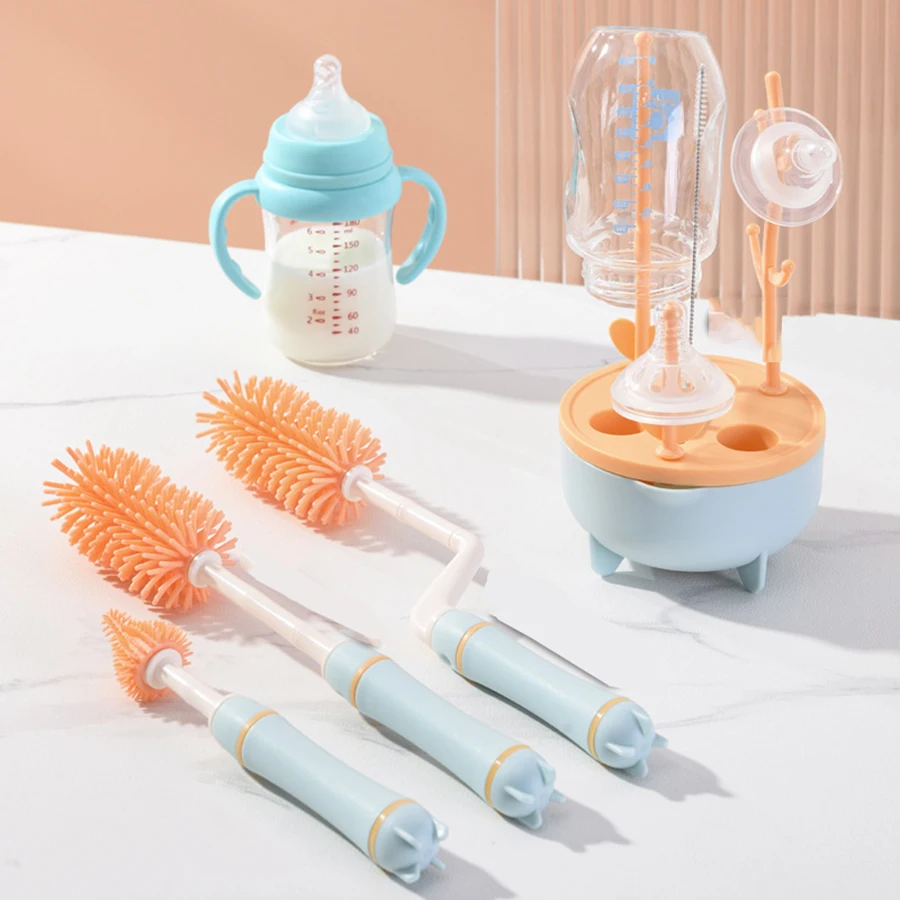 4PCS Baby Bottle Brush Set Multi-Functional Bottle Cleaning And Storage Set 360° No Dead Angle Cleaning Set With Base Drain Rack