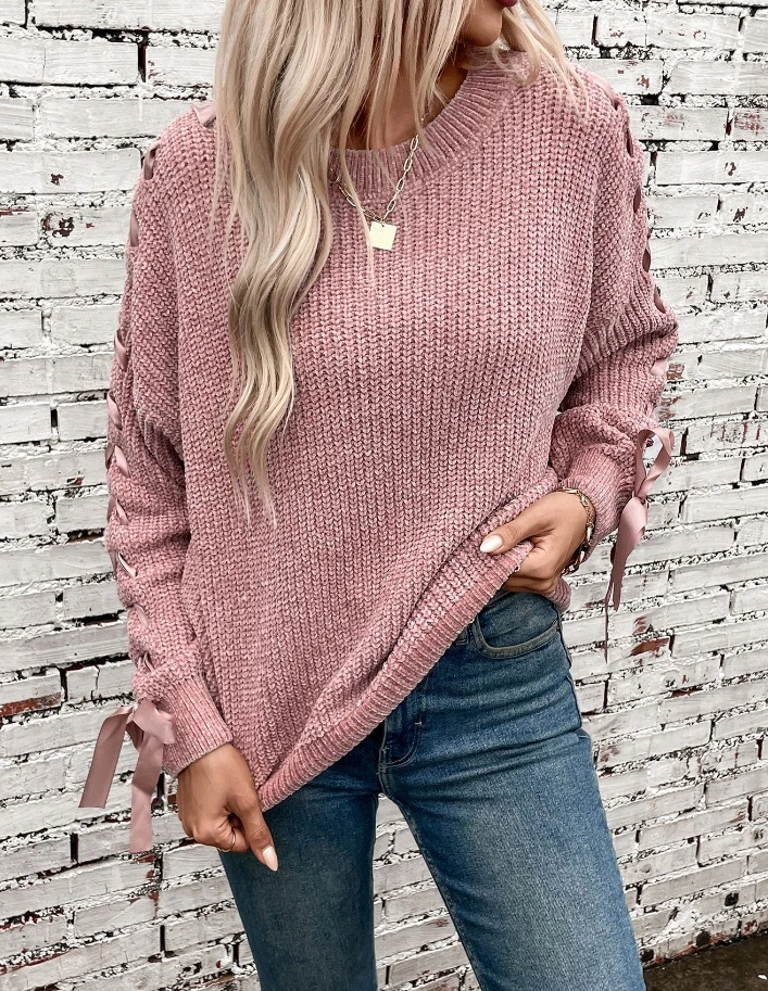 

Women's Solid Color Pullover Sweater 2024 Autumn Winter Latest Simple Round Neck Tie Bow Top Loose Long Sleeved Knit Sweater