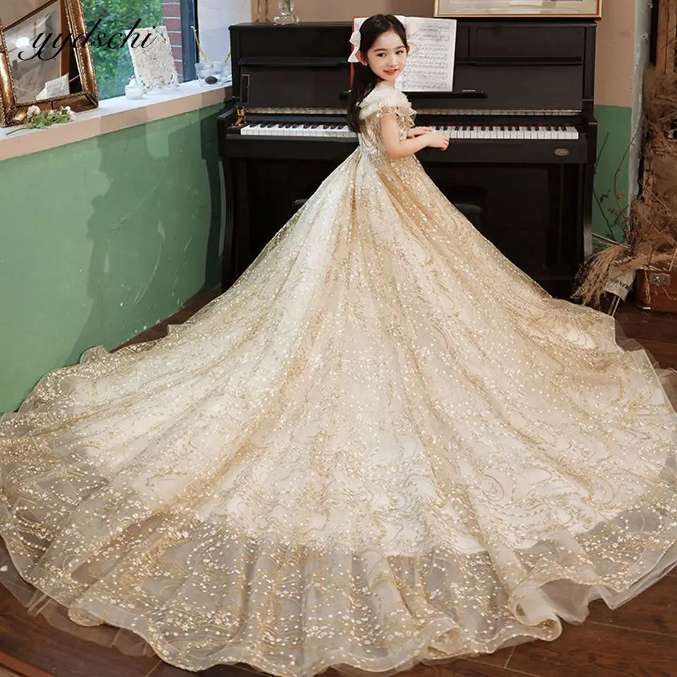 Vestidos de flores con lentejuelas brillantes para niña, ropa de boda de lujo, línea A de princesa, actuación de Piano, primera comunión, champán, 2023