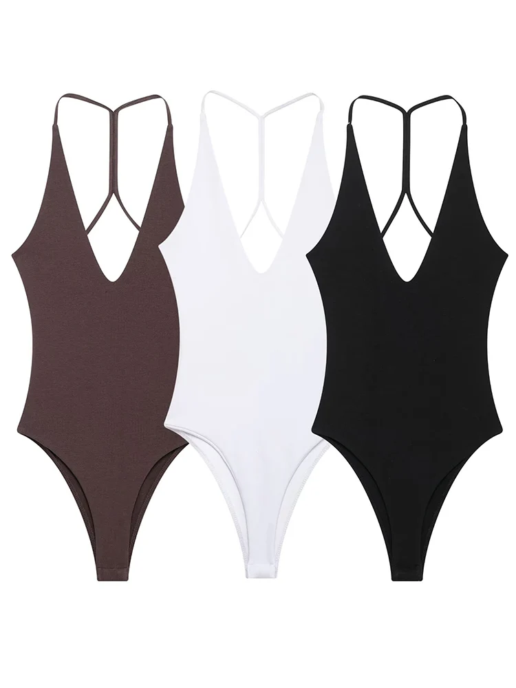 TFMLN נשים בודיסוט סולידי סקסי ללא גב אופנתי צמוד נשים טופ שיק V צוואר חגורת גוף קיץ נשי רחוב גבוה