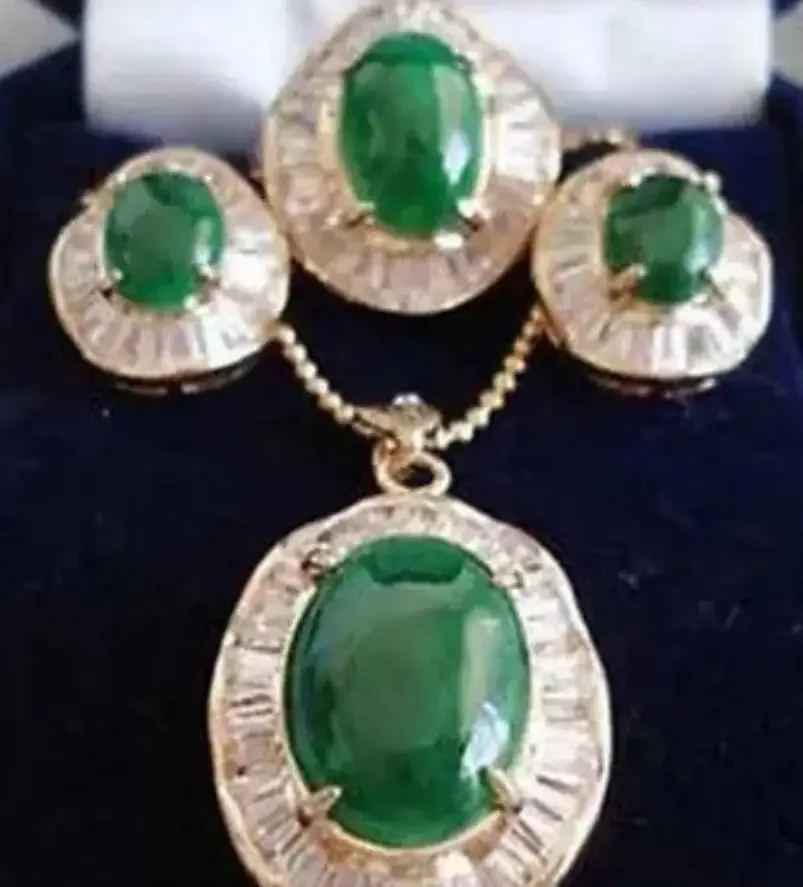 Emerald Green Jade 18KGP Cubic Zirconia Pendant Necklace Earrings Ring Set