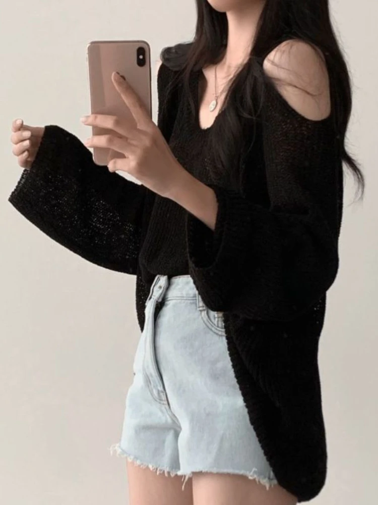 Deeptown Oversized Sweater Knitted Hollow Out V-neck Off The Shoulder Tops Long Sleeve Solid Color Pullover 2024 Autumn Sweater.