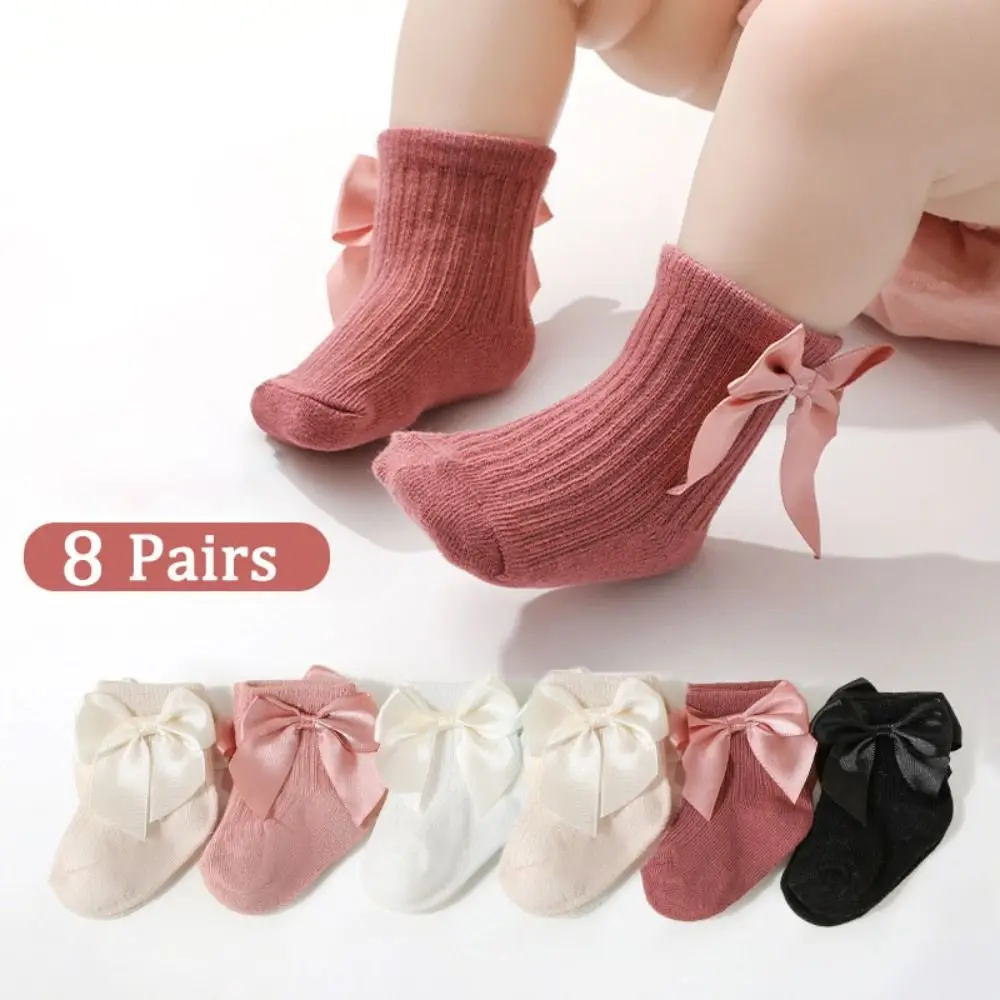 

8Pairs Fashion Bowknot Baby Cotton Socks Stripe Breathable Toddle Short Tube Socks Autumn Spring Cute Infant Solid Socks Gifts