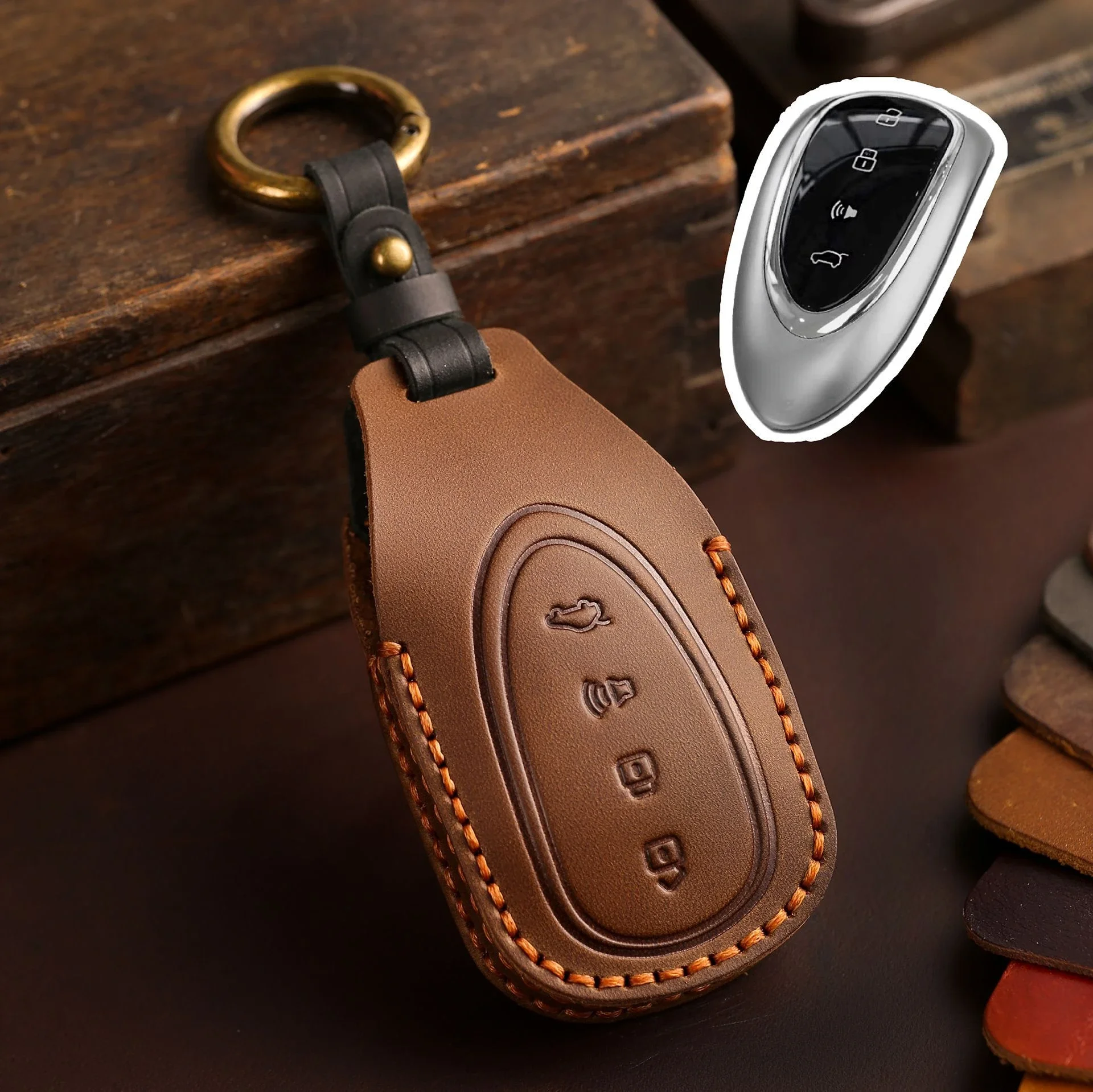 1pc Leather Car Key Fob Case Cover For 2023 2024 Wey Mocha 4 Bottons Holder Keychian Accessories