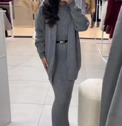 Autumn and Winter Elegant Women's Skirt Set Round Neck Long Sleeved Loose Jacket Tight Fitting Bodycon Dress Knitted Dress Set