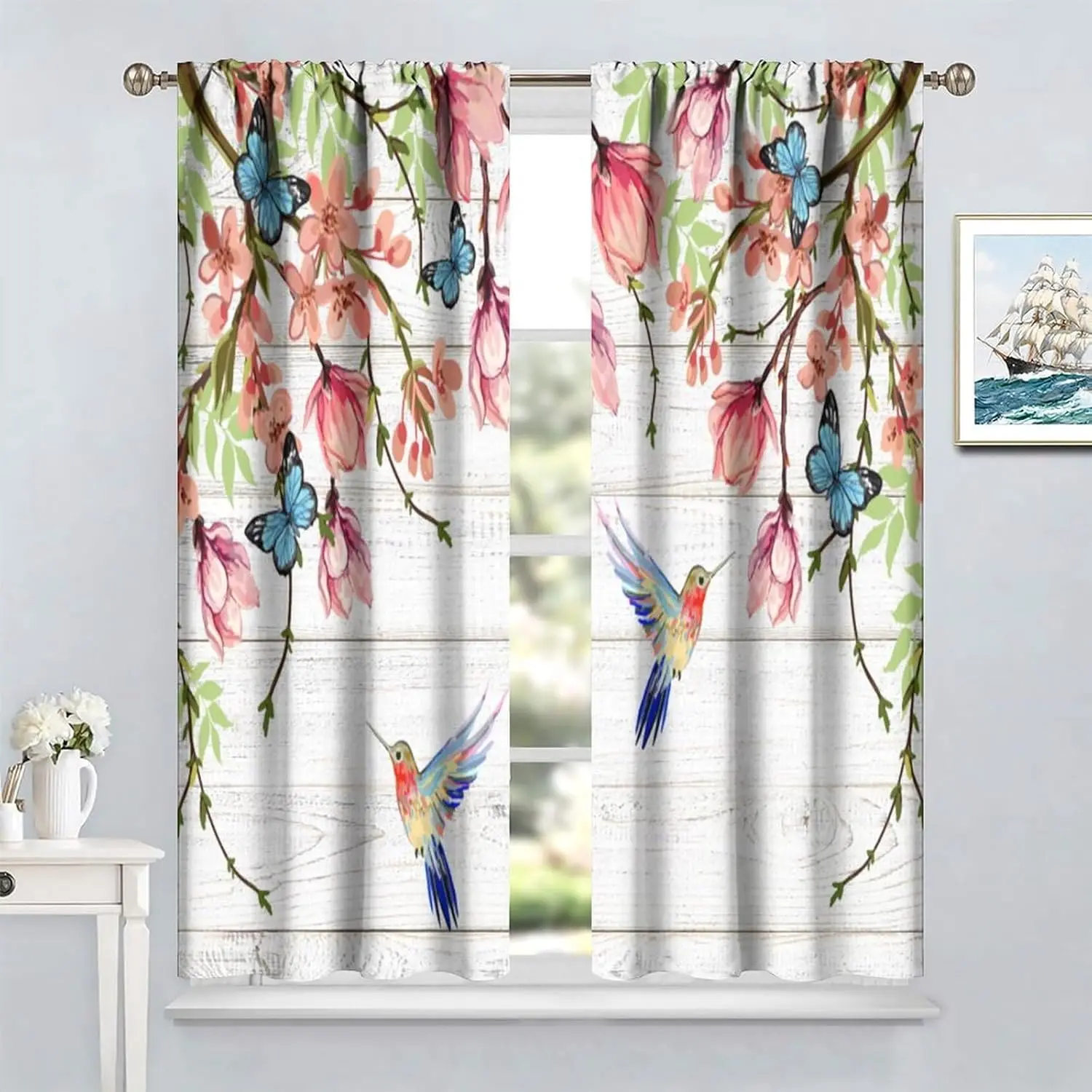 Watercolor Floral Bird Curtains - Modern White Wooden Board Hummingbird Floral Pattern - Living Room & Bedroom - Noise Reducing