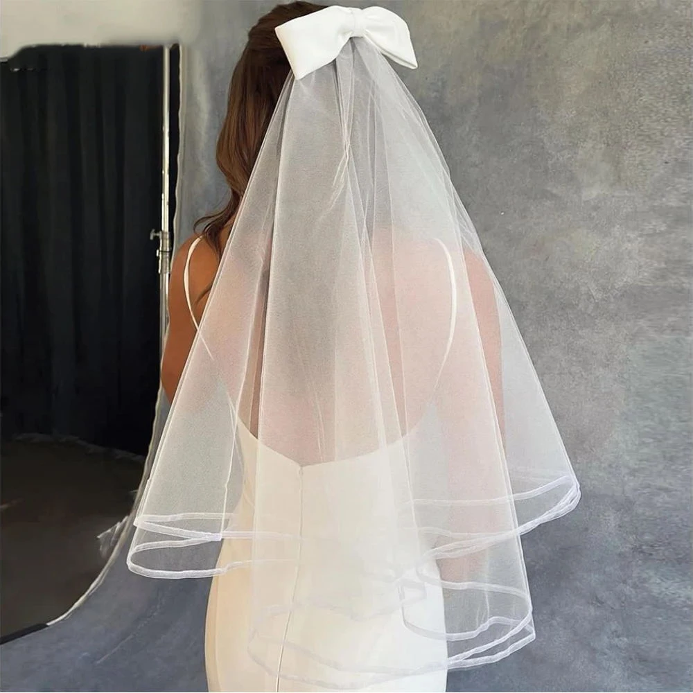 Elegant White Bow Wedding Veils Short Shoulder Length Bridal Veil Wedding Accessories  For Bride Mariage Women