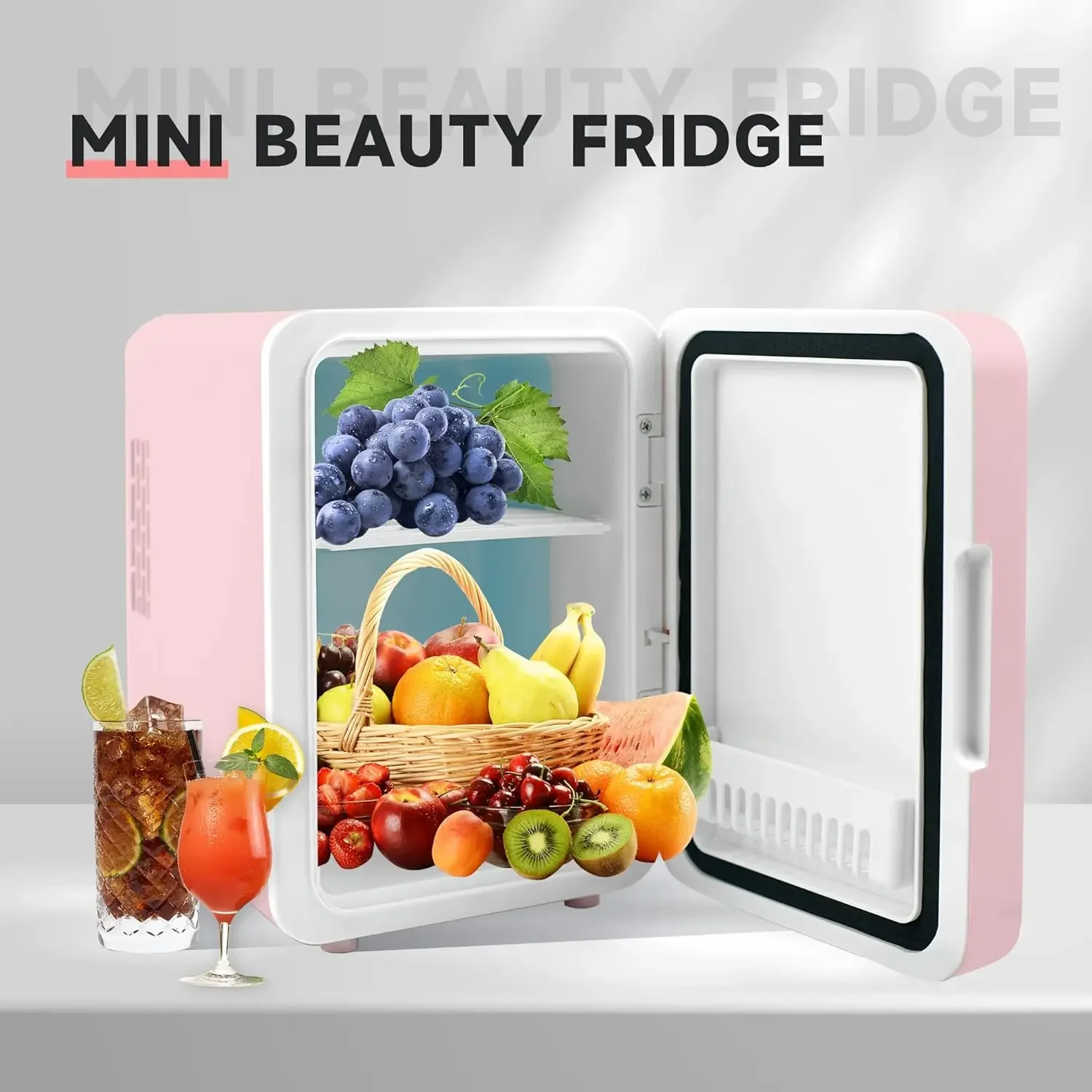 Mini refrigerador rosa para pele e maquiagem, refrigerador ou aquecedor com superfície de vidro iluminado, 4L Design compacto para quarto ou vaidade