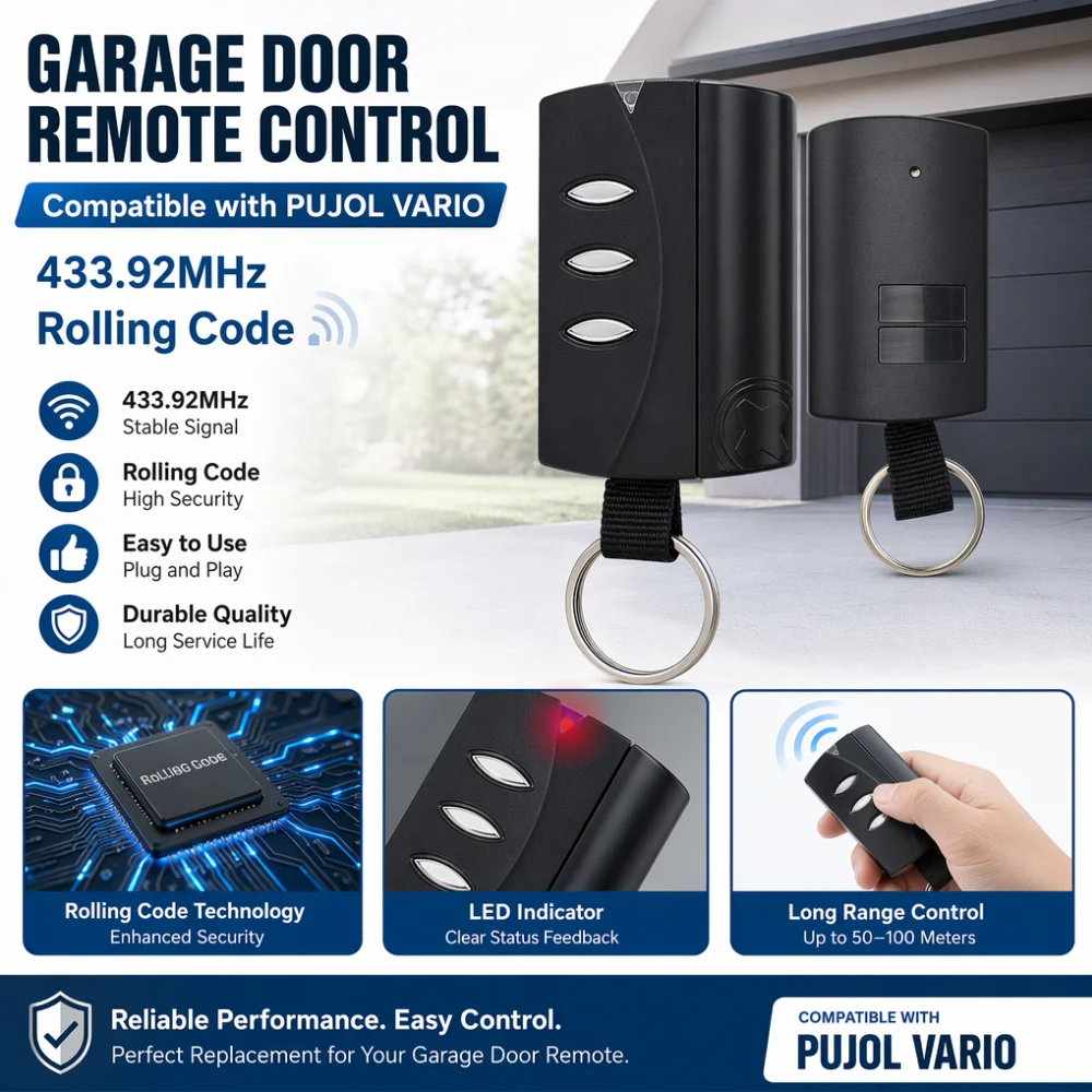 

Pilot PUJOL VARIO Compatible Garage Door Remote Control 433.92MHz Hand Transmitter Command PUJOL VARIO Black Mars with Keychain