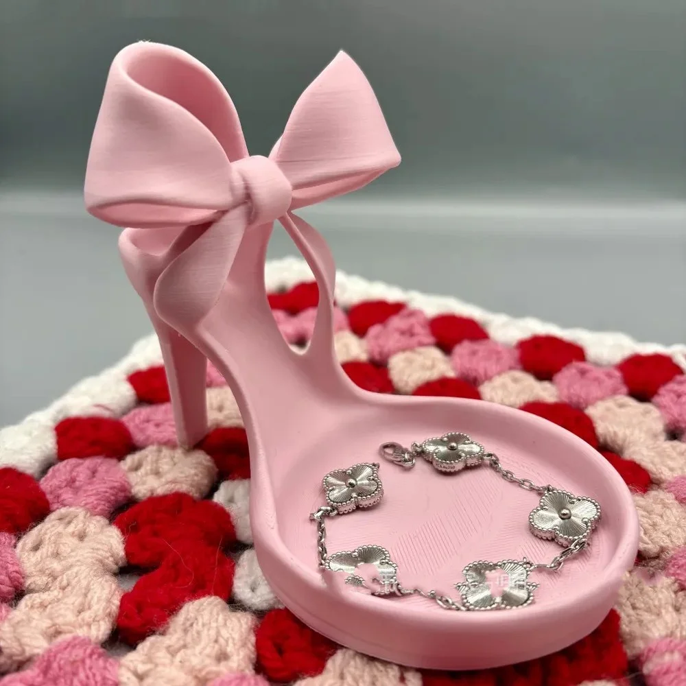 3D Printed High Heel Shoe Jewelry Holder, Elegant High Heel Shoe Jewelry Tray with Bow Decor, Ring Stand  for Vanity or Desk