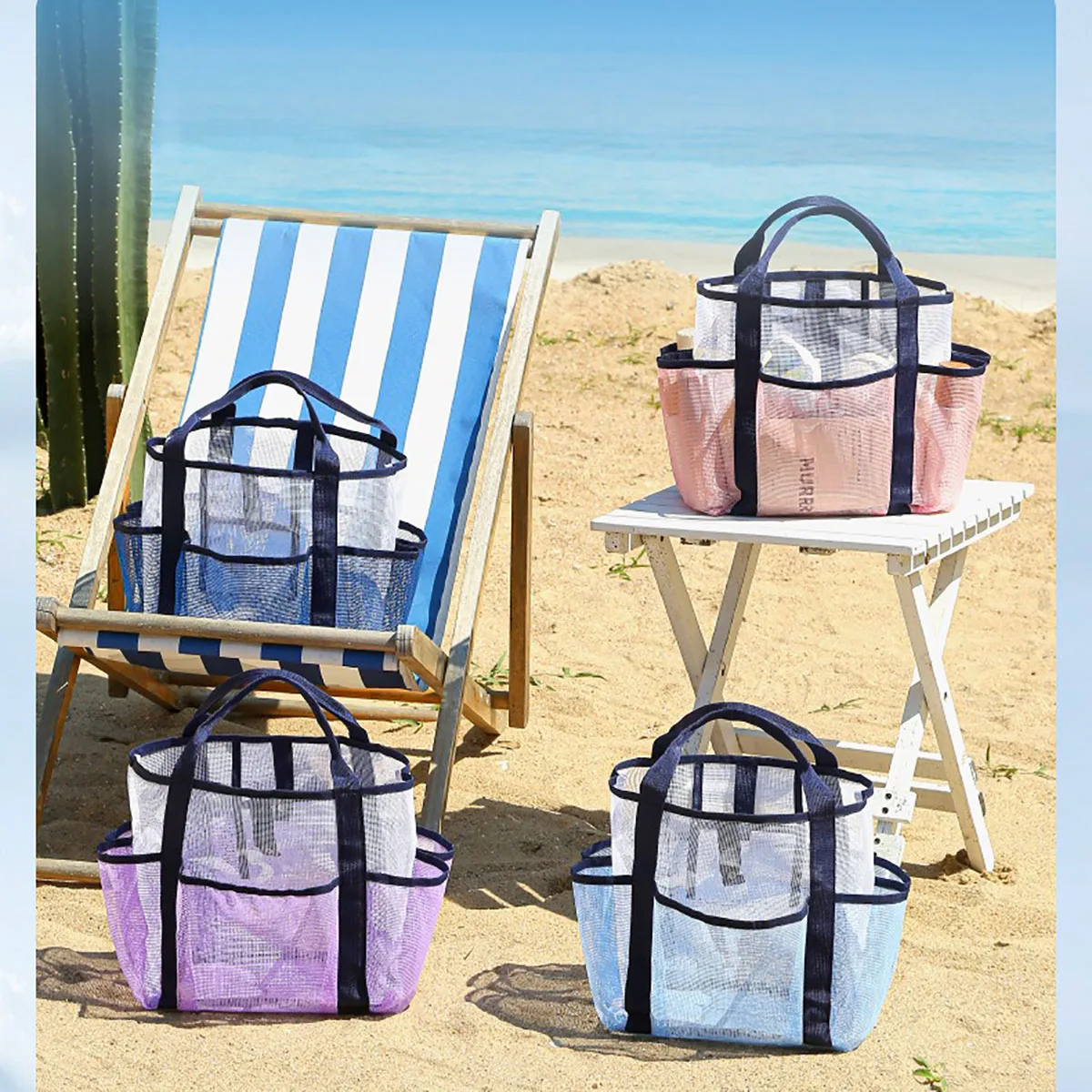 

Beach Bag for Women Mesh Travel Tote Family with Multiple Pockets Lightweight Beach Buckle Closure Organizer Bag for Sunscreen