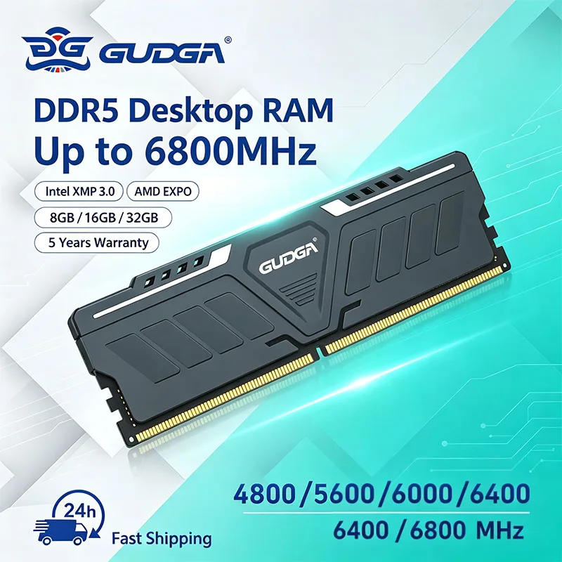 Pamięć RAM GUDGA DDR5 8GB/16GB/32GB 4800-6800MHz UDIMM do komputerów stacjonarnych z aluminiowym radiatorem do samodzielnego montażu komputerów gamingowych