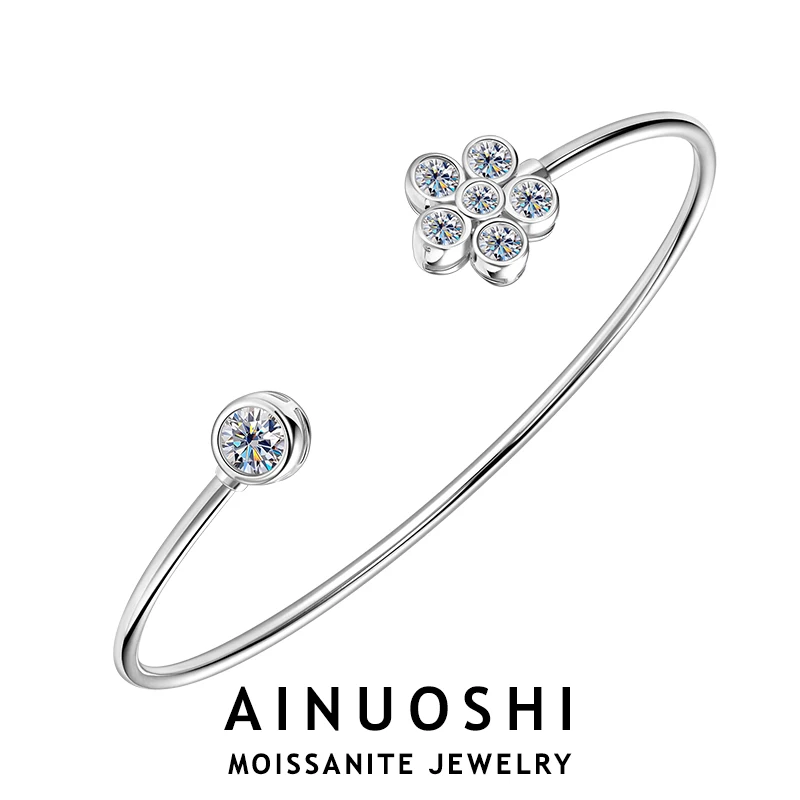 ainuoshi pure 925 sterling silver cuff bangle para mulheres moldura forma de flor moissanite pulseira com certificado joias de pulso 01