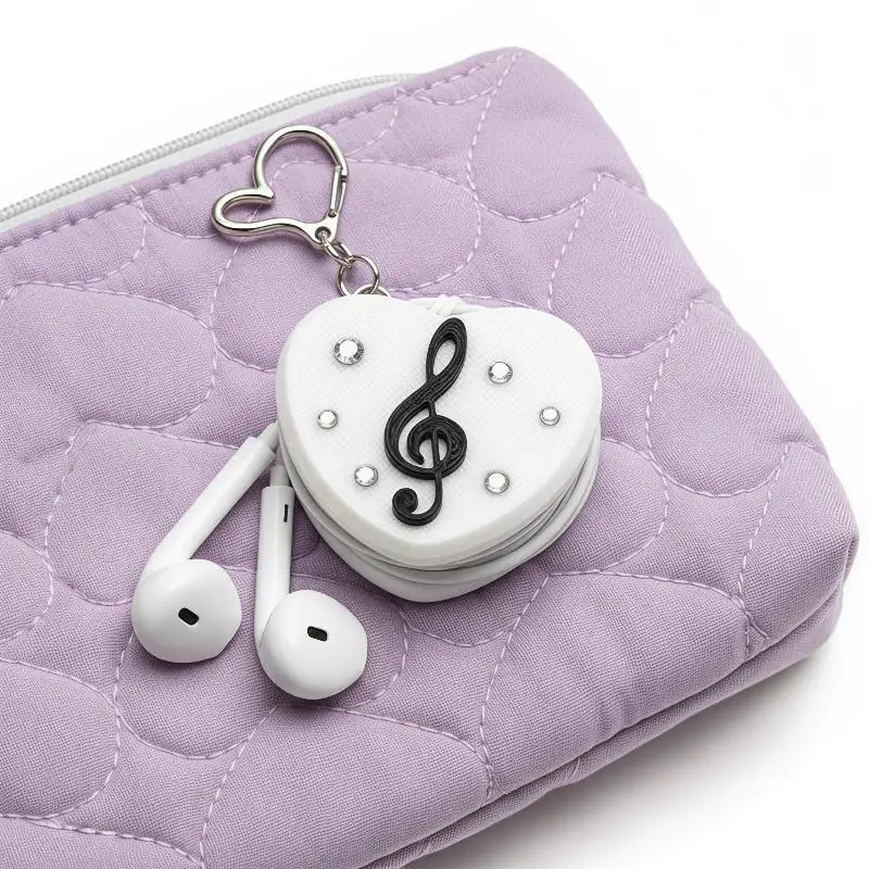 3D Printed Heart Musical Note Cord Keeper Cute Headphone Storage Pouch Pendant Gift for Music Lovers Girls