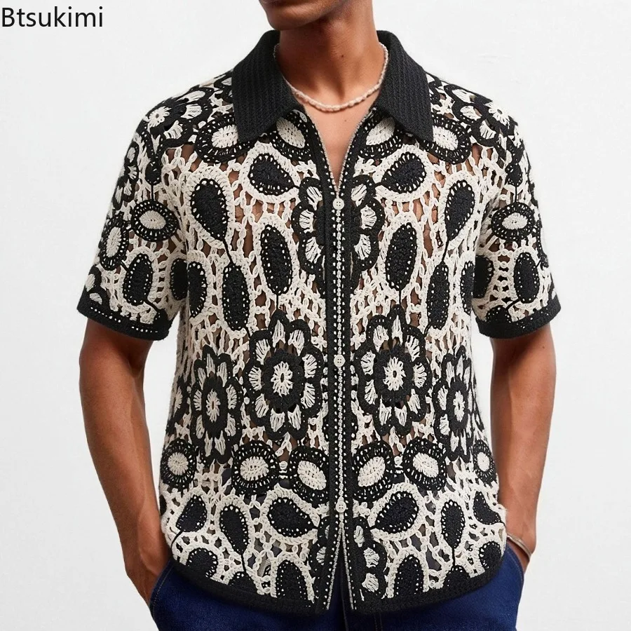 New Men's Crochet Short Sleeve Polo Shirt Summer Casual Loose Button Lapel Cardigan Color Blocking Hollow Out Street Knit Shirts