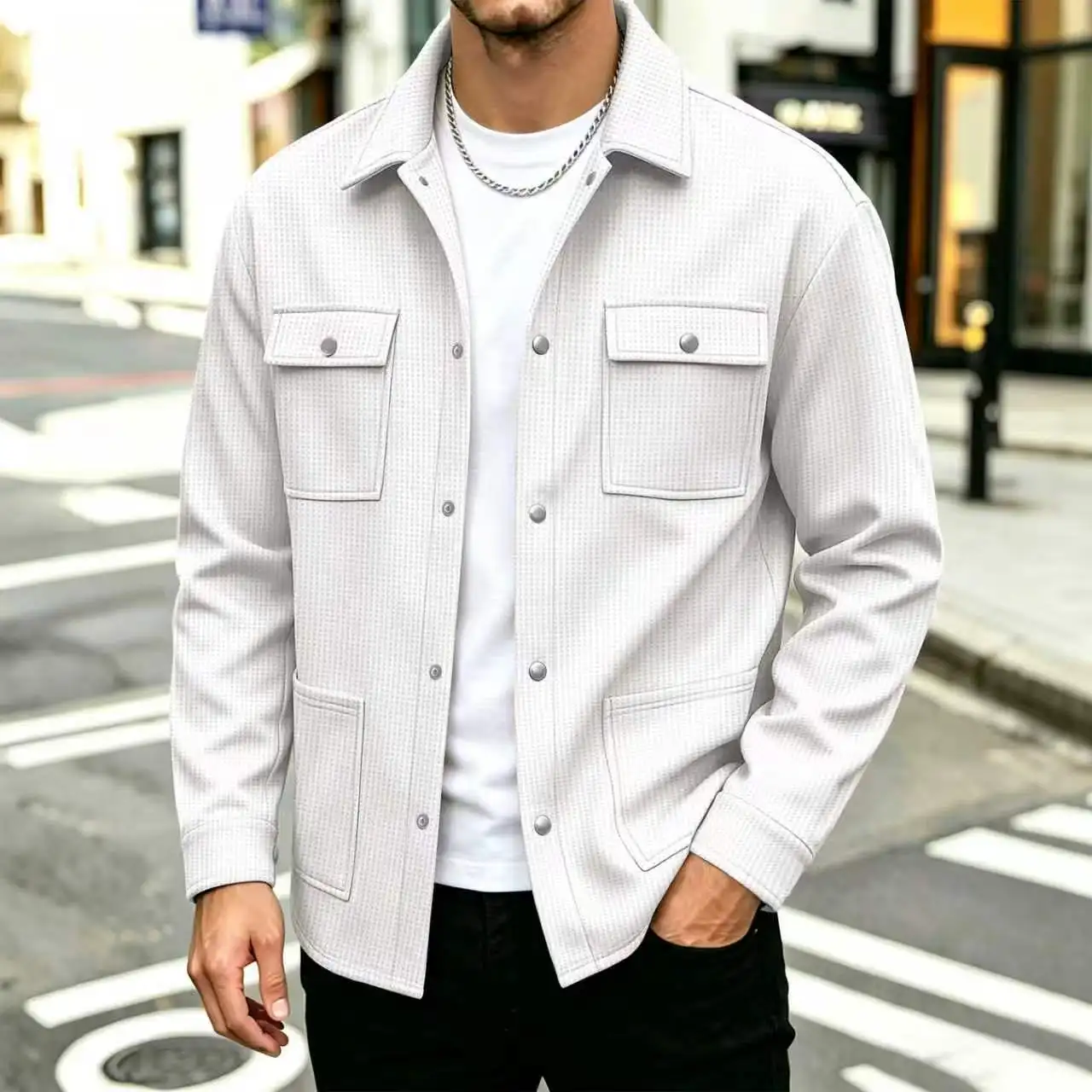 Men's waffle knit cardigan with a turned-down collar and metal buttons, multi-pocket casual shirt jacket, versatile daily casual
