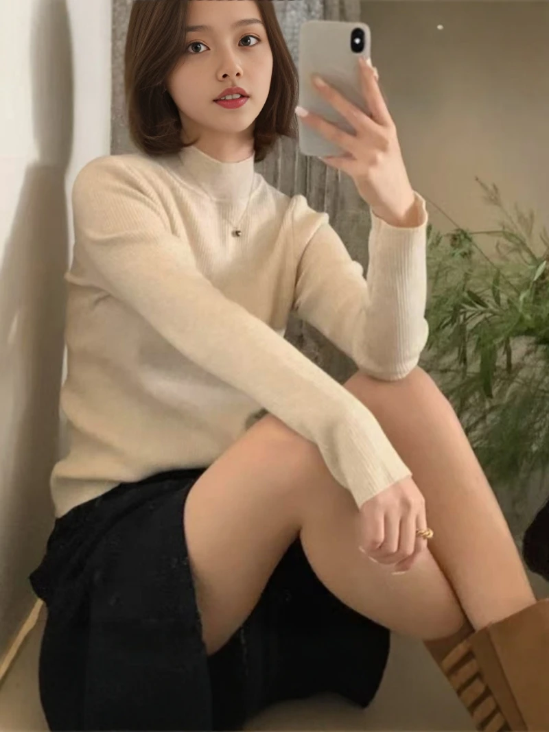 Prosty sweter damski z dzianiny, z wysokim kołnierzem, termiczny, dopasowany, ciepły, z okrągłym dekoltem, mały rozmiar, idealny do pracy, długi rękaw, podstawowy kolor.