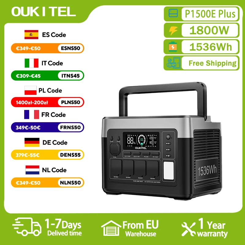 OUKITEL P1500E Plus Tragbare Powerstation 1800W Solar-Generator 1536Wh Lifepo4-Batterie für Notstromversorgung zu Hause, Outdoor-Camping, mobile Stromversorgung