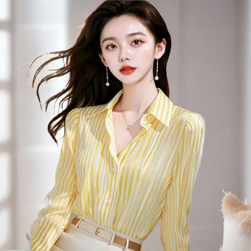 

Розовая полосатая рубашка с длинным рукавом для женщин, осенняя, элегантная, скрывающая недостатки фигуры, с воротником, стандартного кроя, удобная, для работы