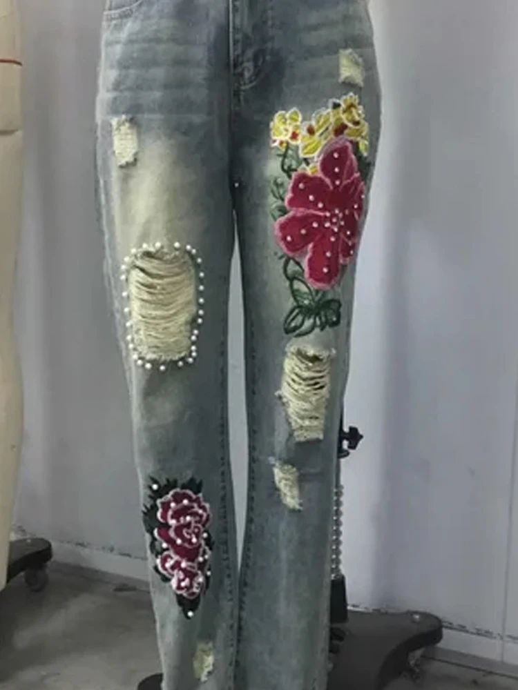 Women Vintage Distressed Ripped Jeans Floral Embroidery Beaded Decor Rolled Cuff Cropped Denim Pants Casual Tapered Jeans