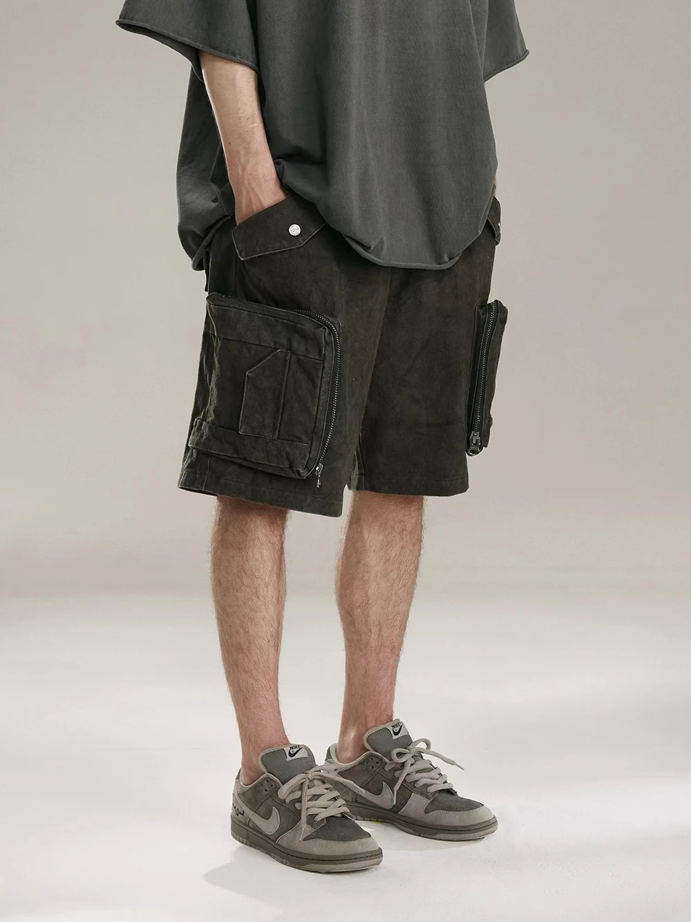 Heavy Industry Tie Dyed Canvas Washed Shell Shorts for Men Wide Leg Baggy Cargo Short Oversize