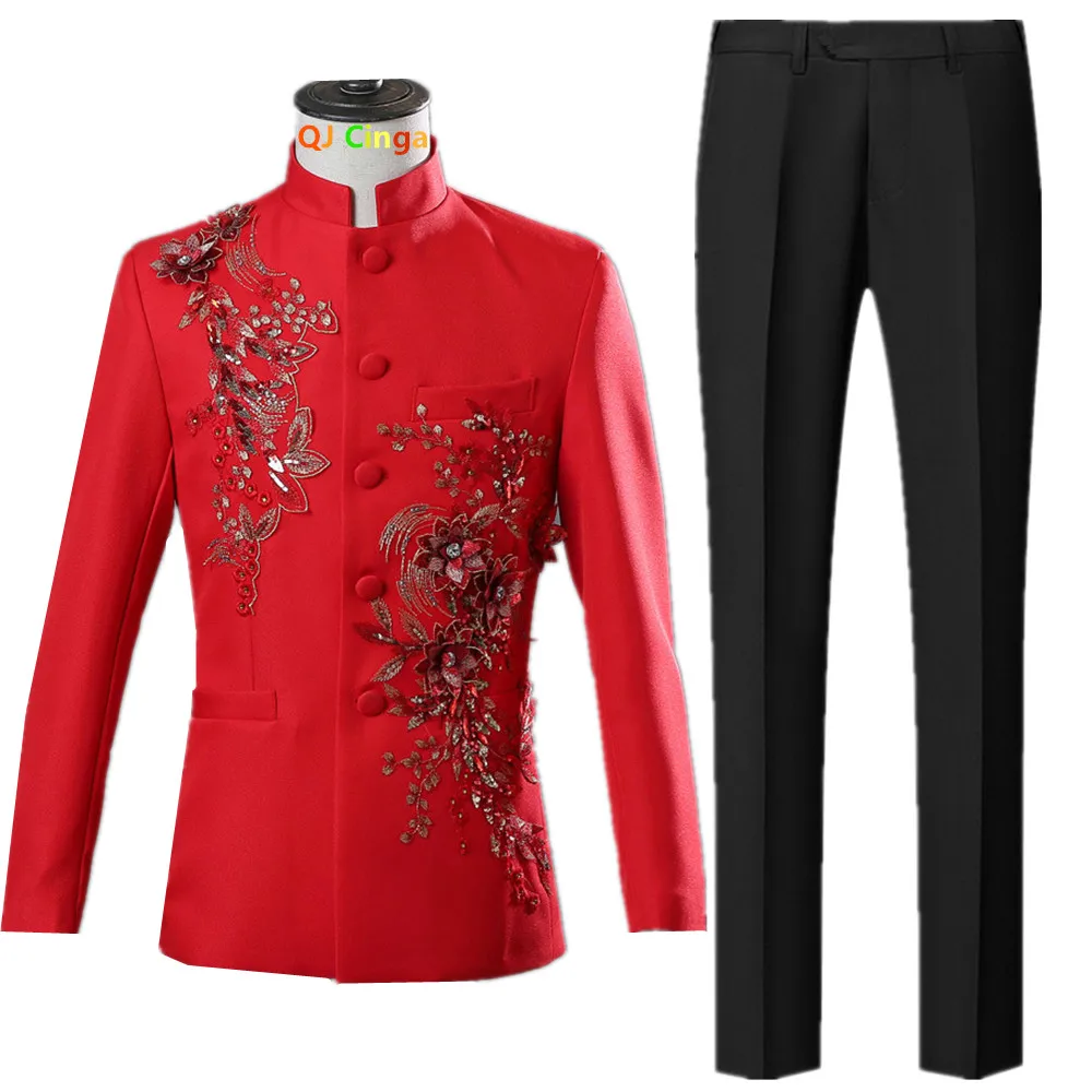 

Chinese-style Men's Red Two-piece Suit, Perfect for Weddings, Parties, and Stage Performances. Available in Black, White, Blue.