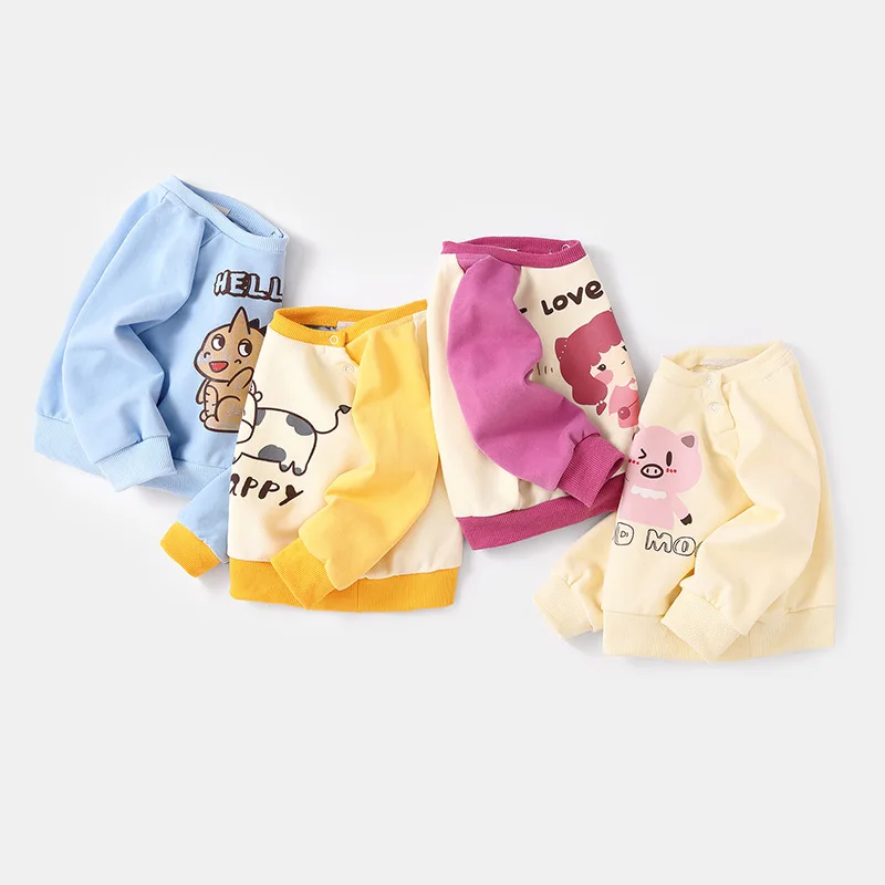 Autumn Baby Girl Sweatshirt Ins Dinosaur Print Contrast  Infant Girl Cotton Tops Casual 0-4T Boy Spliced Raglan Sleeve Pullovers