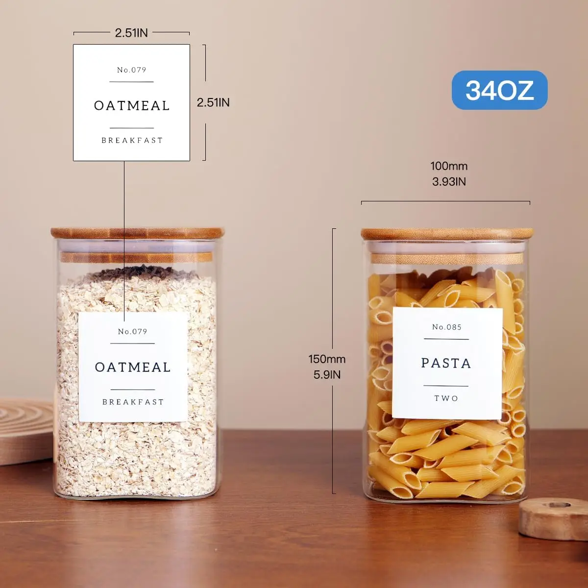 6 Pack Square Kitchen Storage Jars with Airtight Bamboo Lids and 132 Labels - 35oz Glass Canisters for Coffee, Tea, Spice view 4