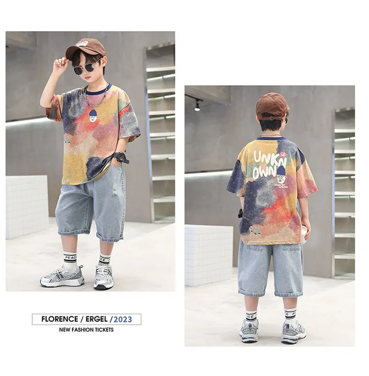 Sommer Tie-Dye Coole Kinder Jungen Freizeit-Oberteile Bedrucktes Trendiges Kinder-T-Shirt Kurzarm Teenager-T-Shirts Baumwoll-T-Shirt 4-14 Jahre Alt – Detail 10