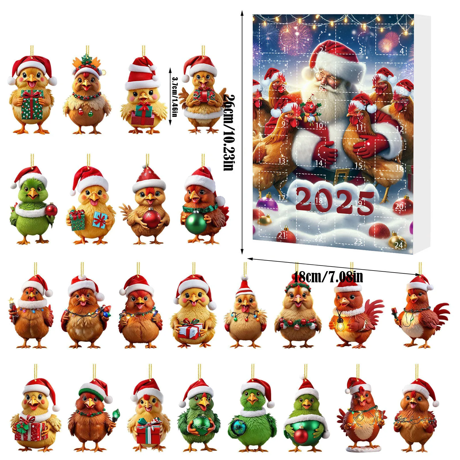 24 Hours Watch 2025 Christmas Countdown Calendar Mini Chicken Shaped Acrylic Flat Hanging Piece Holiday Countdown Calendar Adult