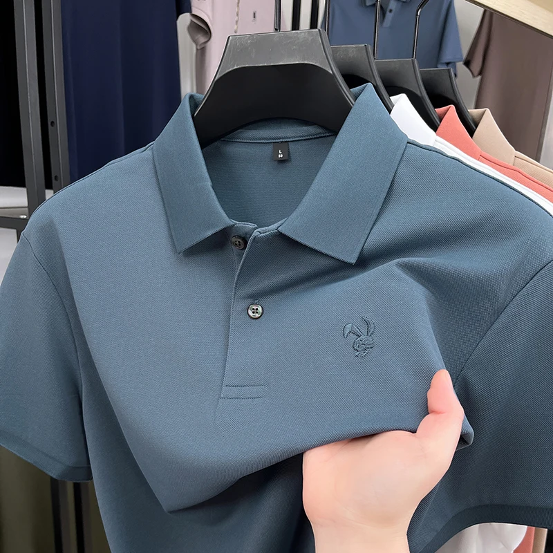 

Качественная роскошная брендовая мужская рубашка-поло с лацканами и вышивкой кролика, футболка из 100 хлопка с короткими рукавами, новая летняя деловая модная мужская одежда