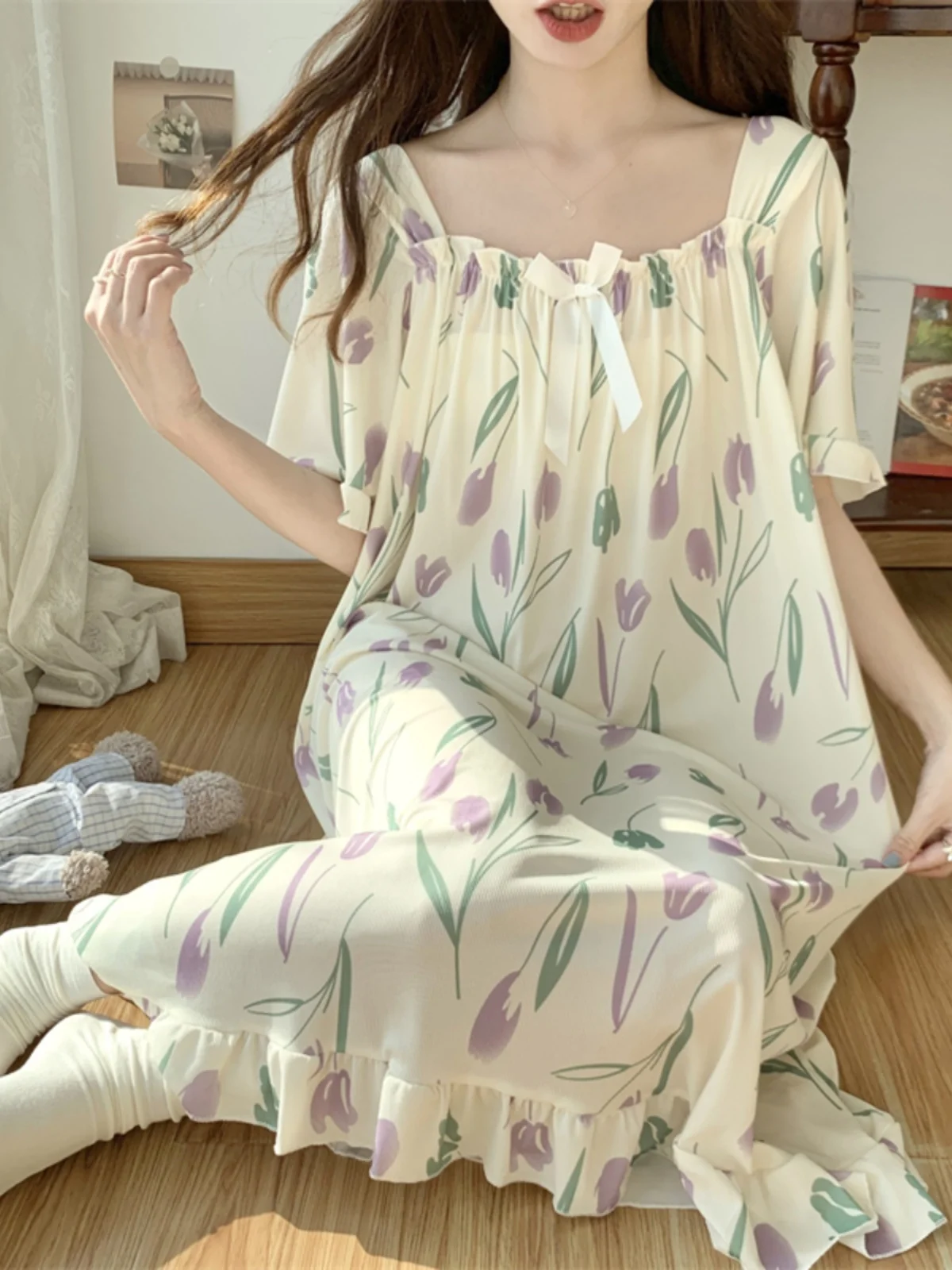 

Ice Silk Sp Dr Women's Summer Cool Feeling Thin Loose plus Size 300 Pou Mid-Length Pregnant Women's Nightgown Home S...