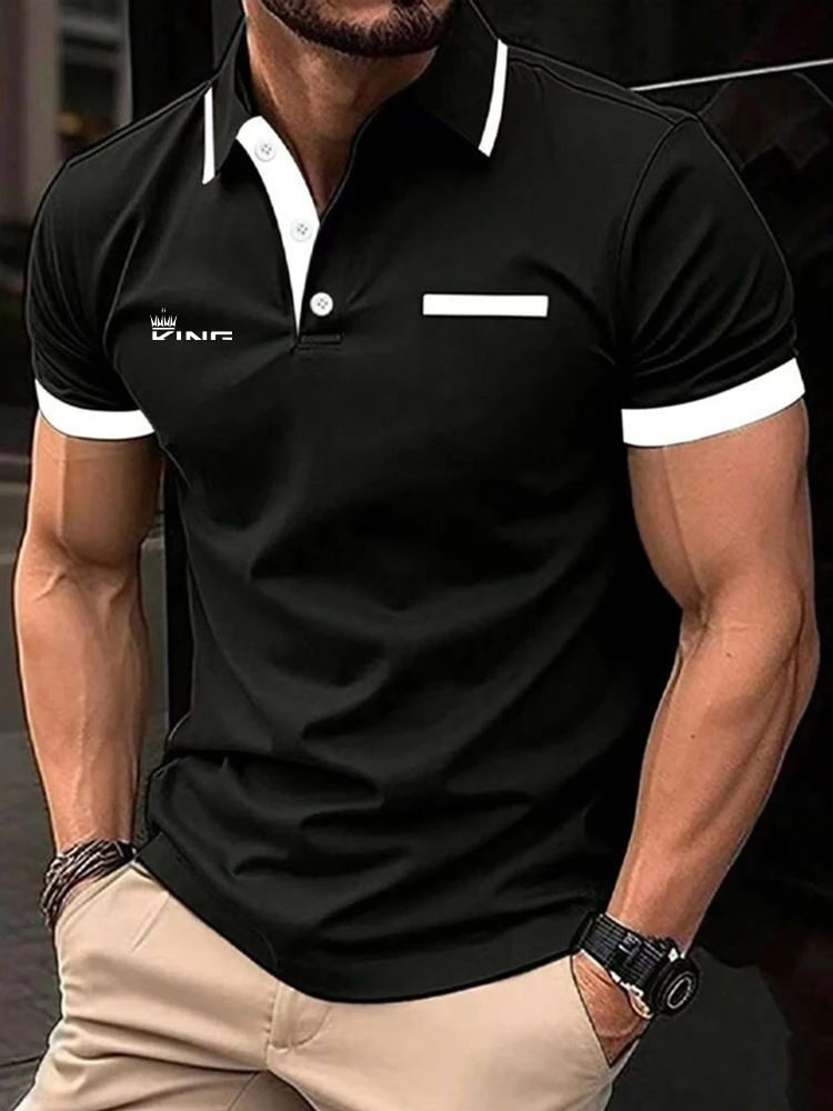 

New Men's Polo Shirt Fashion Business Casual Crew Neck Short Sleeve Formal Stripes Patchwork Summer Black T Shirt Men Clothing