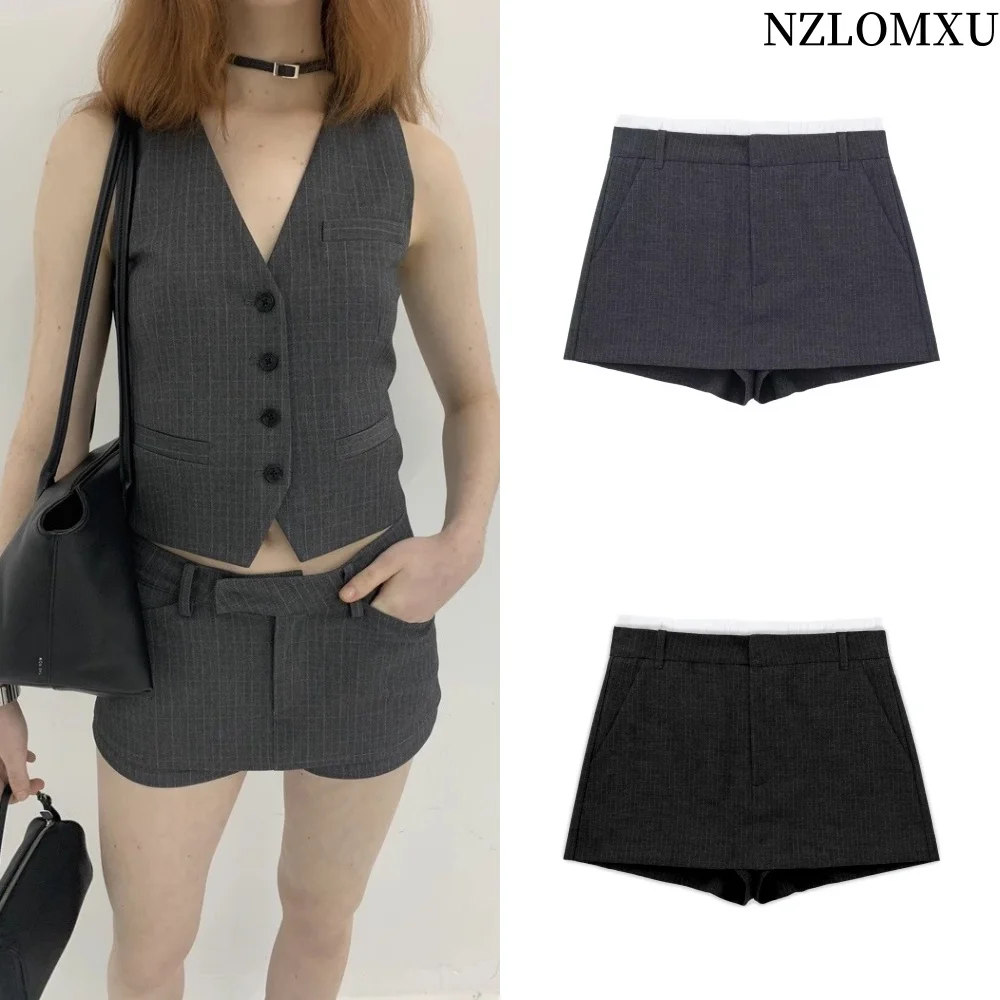

2025 Autumn Women Striped Patchwork Shorts Fashion Vintage High Waist Casual Elegant Slim A-Line Skirt Shorts