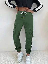 Y2K Solid color clamshell pocket bound foot cargo pants drawstring elastic waist loose jogging sports women's casual pants