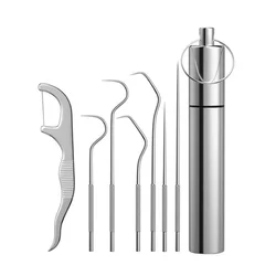7Pcs Stainless Steel Toothpick Set Portable Oral Cleaning Tools Tooth Flossing Artifact Outdoor Picnic Camp Reusable Toothpick