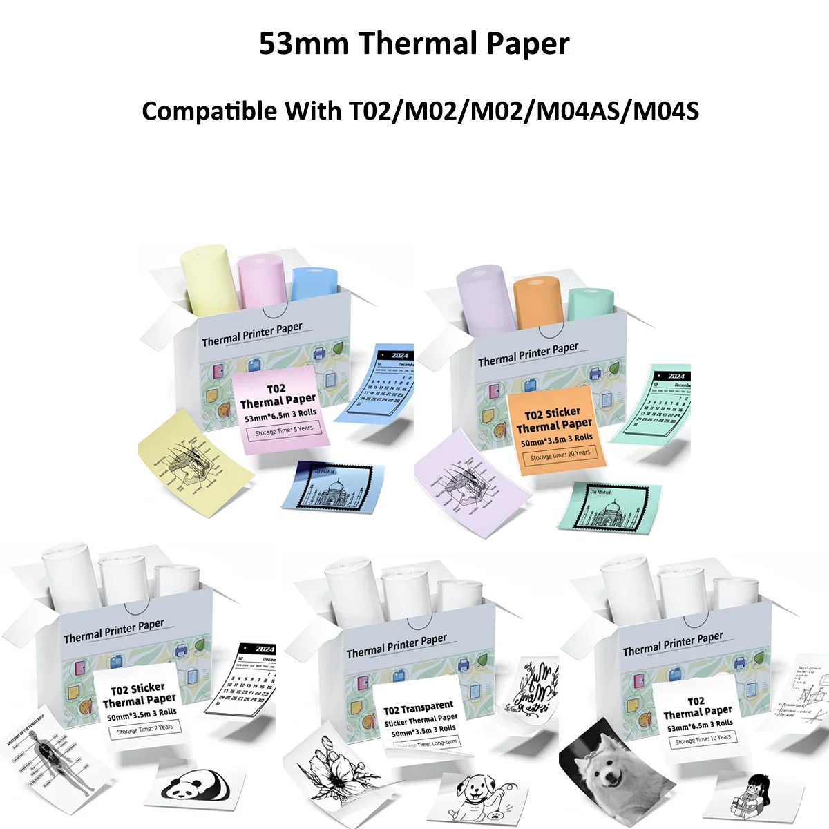 53mm Thermal Paper Sticker For Phomemo/Memoking M02/T02/M04AS/M04S Mini Printer for Journal Photo Text Notes