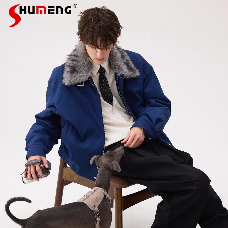 

Men's 2025 Winter New High-End Thickened Down Coats Faux Fur Collar Windproof Down Jackets Men's Trendy Solid Color Warm Coats