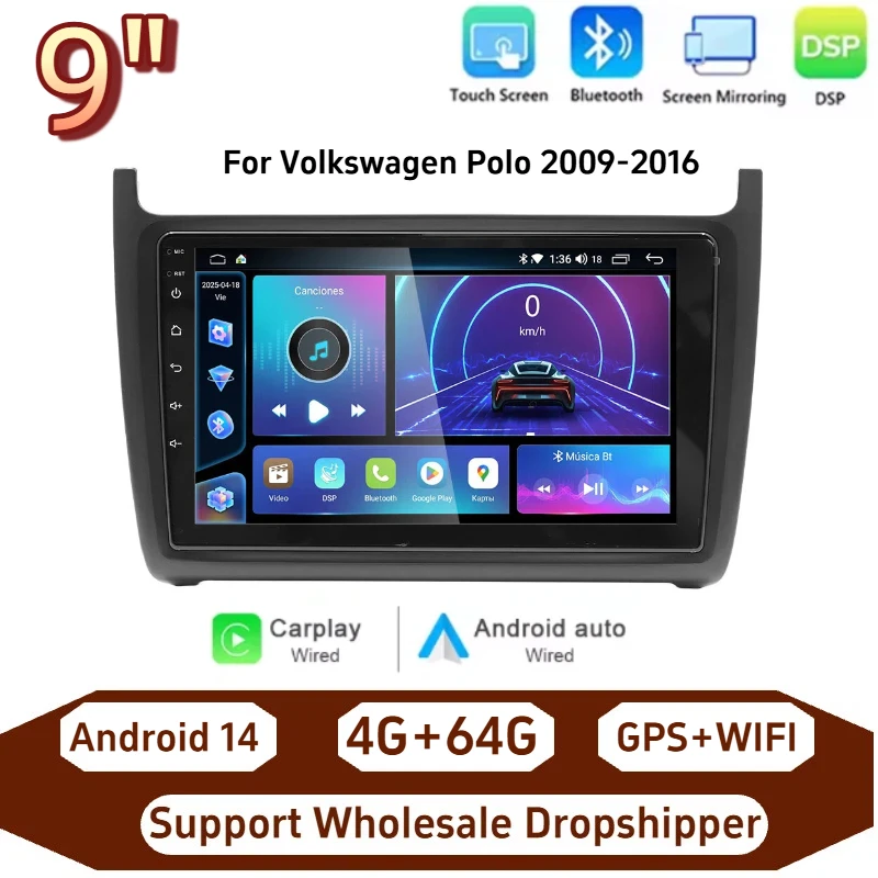 9 Inch Autoradio Stereo Voor VW Volkswagen Polo 2009-2016 Draadloze Carplay Android Auto RDS FM DSP IPS GPS Android 14 Auto Multimedia Speler
