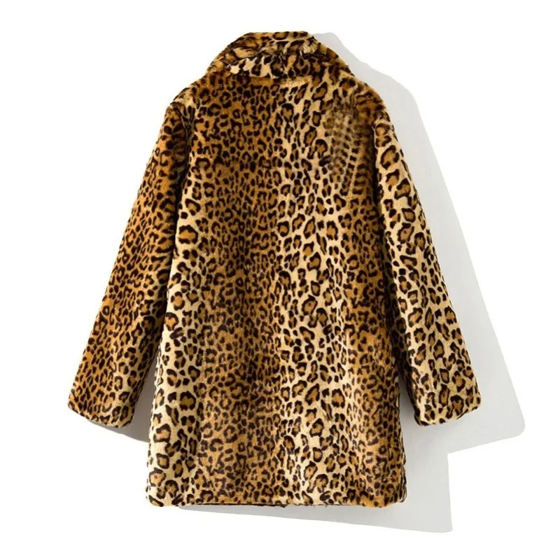 Casual Autumn Winter Women's Coat Faux Fur Thick Warm New Korean Length Suit Collar with Sexy Leopard Print Women's Clothing