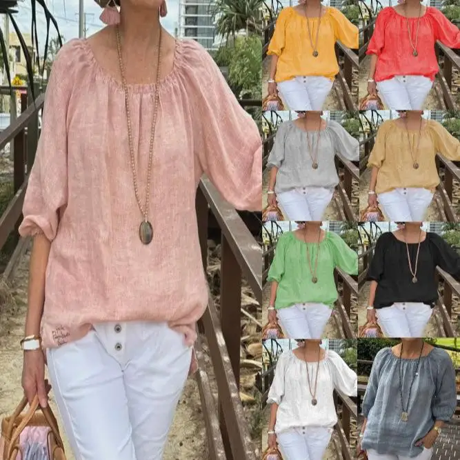 

Casual Sle mid Sve Hooded Cotton Linen Top Women's irt Comfortable ex Pure Color Splice Proc Resistant to Defor...