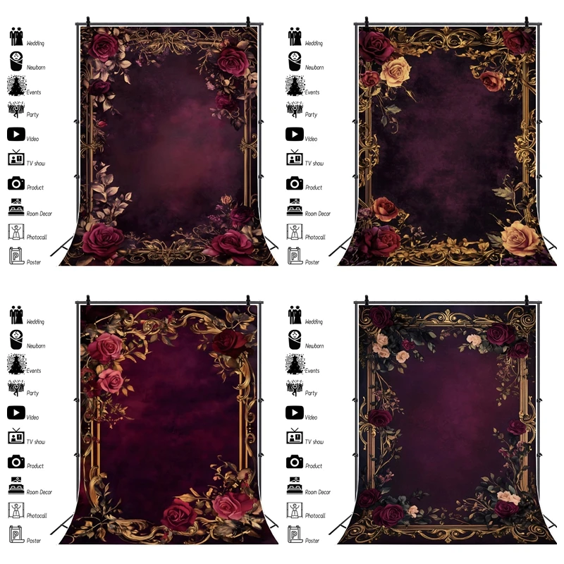 

Vintage Golden Frame Flowers Photography Backdrop Dark Red Floral Wall Wedding Adult Kids Portrait Pregnant Photo Background