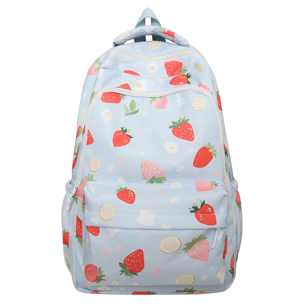 Mochila feminina com estampa de morango, alça ajustável, padrão morango, grande capacidade, estudantes, diariamente