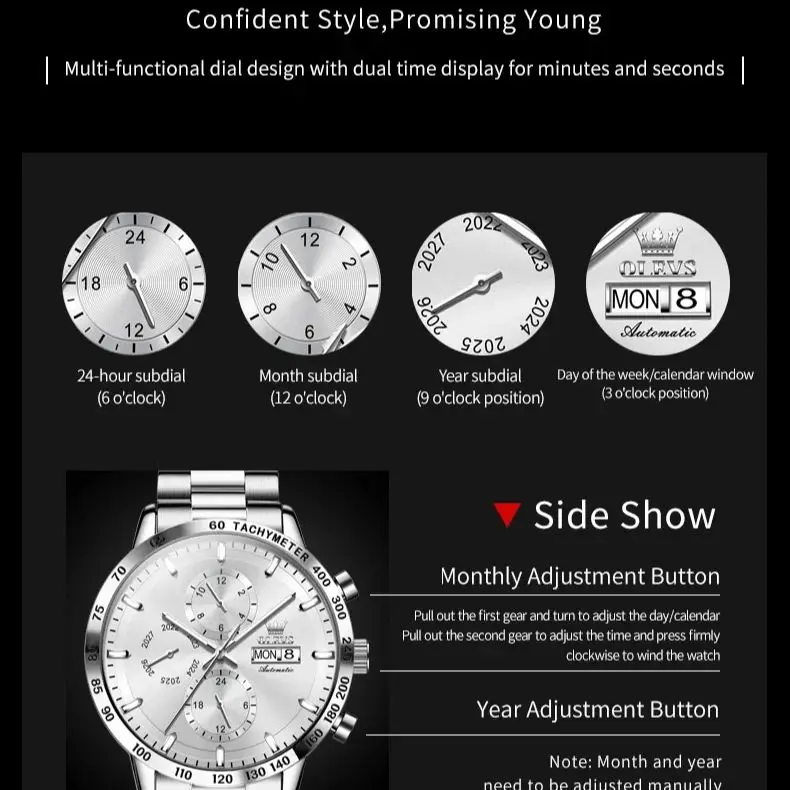 OLEVS 6683 Mechanical Watch for Men Multifunctional Chronograph Dual Calendar Display Hand Clock Waterproof Elegant Men Watch