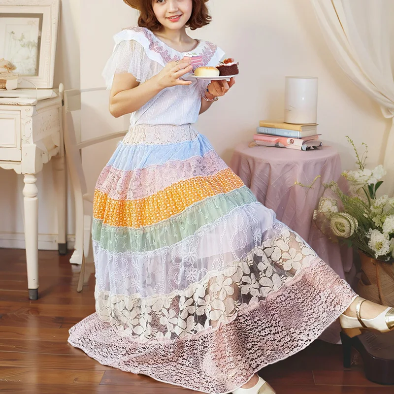 

Mori Girl Sweet Skirt Women Clothing High Waist Forest Multi-color Stitching Female Kawaii Mesh Embroidery Princess Skirts A041